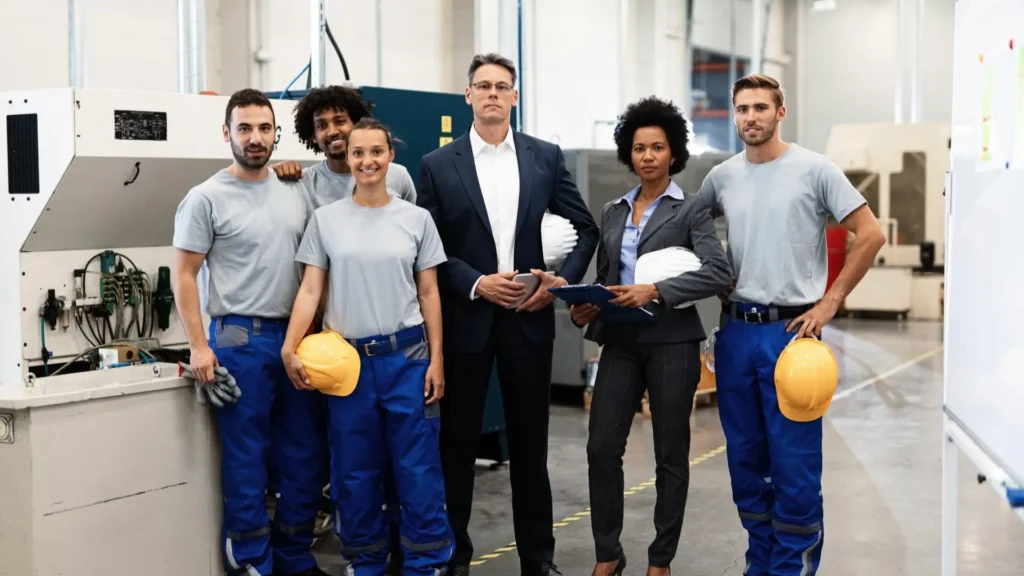 Production head leading a metal fabrication plant team with confidence