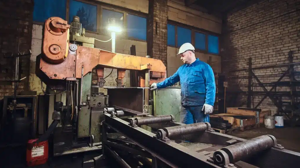 Workers operating machinery inside a modern U.S. steel manufacturing plant