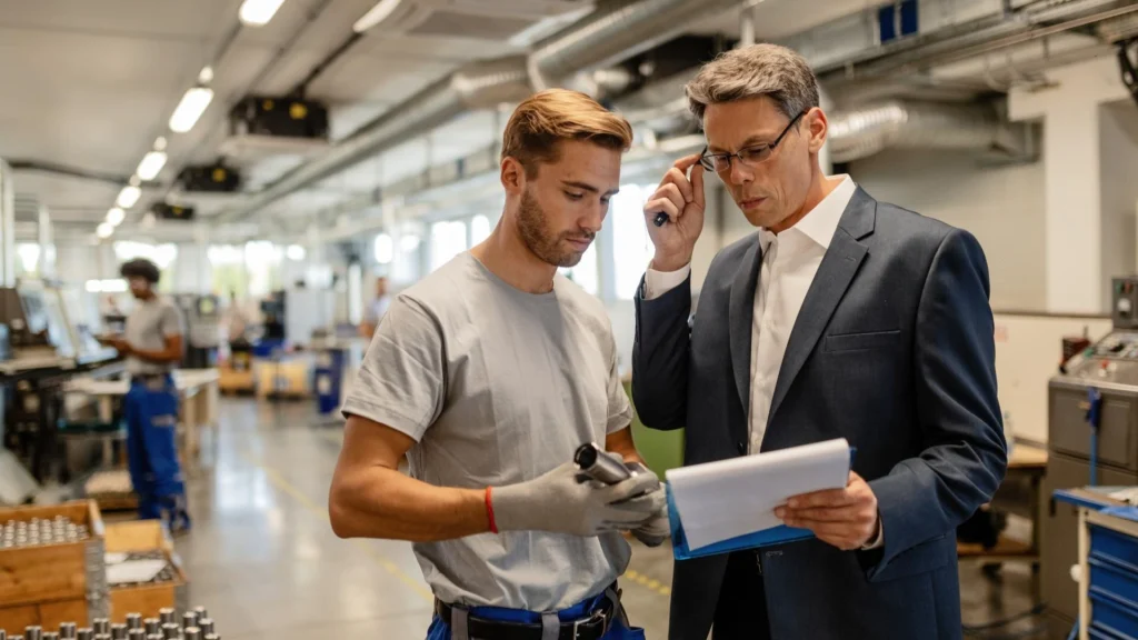 Recruiter and manufacturing professional discussing a legitimate job opportunity in the metals industry