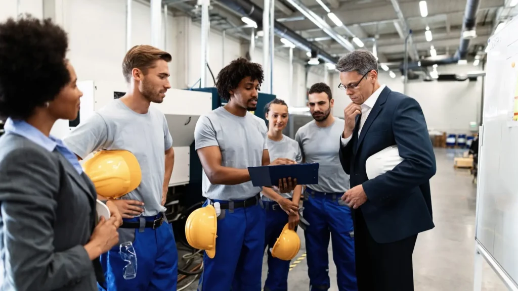 Plant manager and manufacturing executives overseeing metal production operations