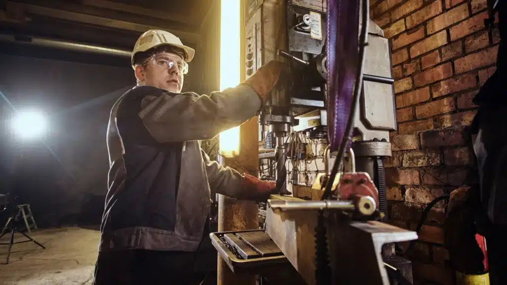 Skilled industrial welder performing MIG welding inside a metal fabrication workshop