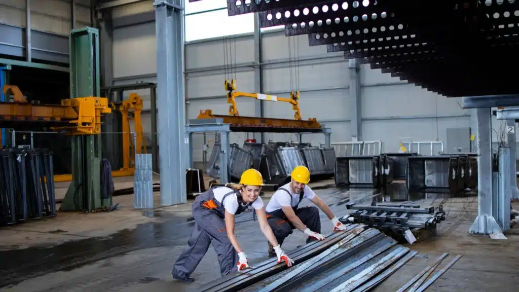 Steel manufacturing workers operating heavy machinery in industrial metal production plant