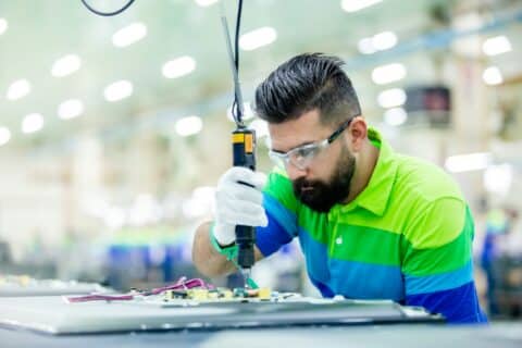 Metal manufacturing worker working on industrial equipment inside a factory