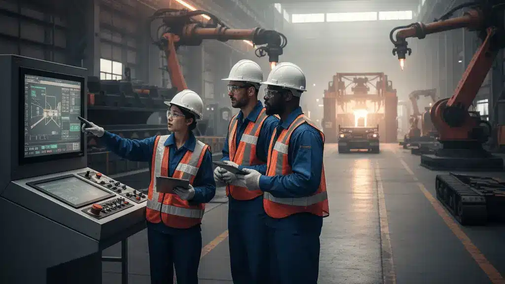 Engineers and plant managers in a U.S. steel manufacturing facility discussing workforce planning and hiring strategies amid new steel tariffs