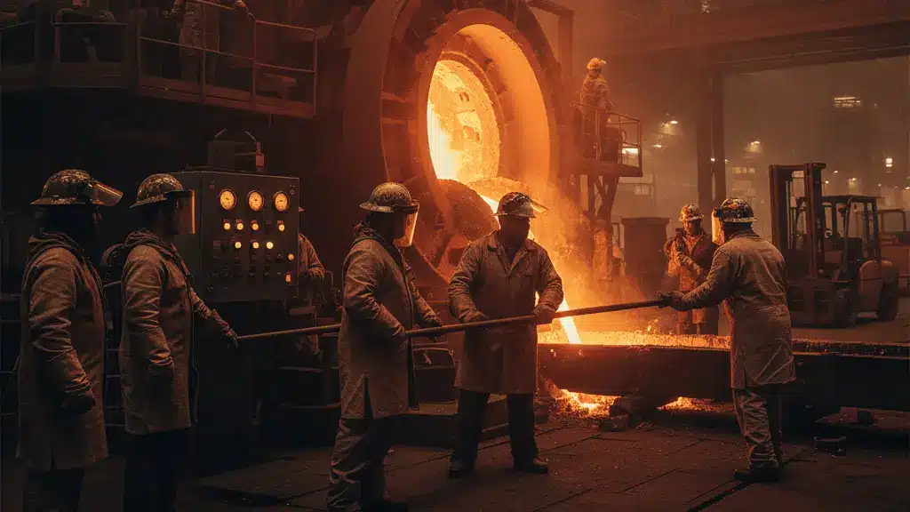 Steelworkers operating equipment inside a U.S. blast furnace facility, representing the 2026 surge in steel manufacturing jobs after furnace restart